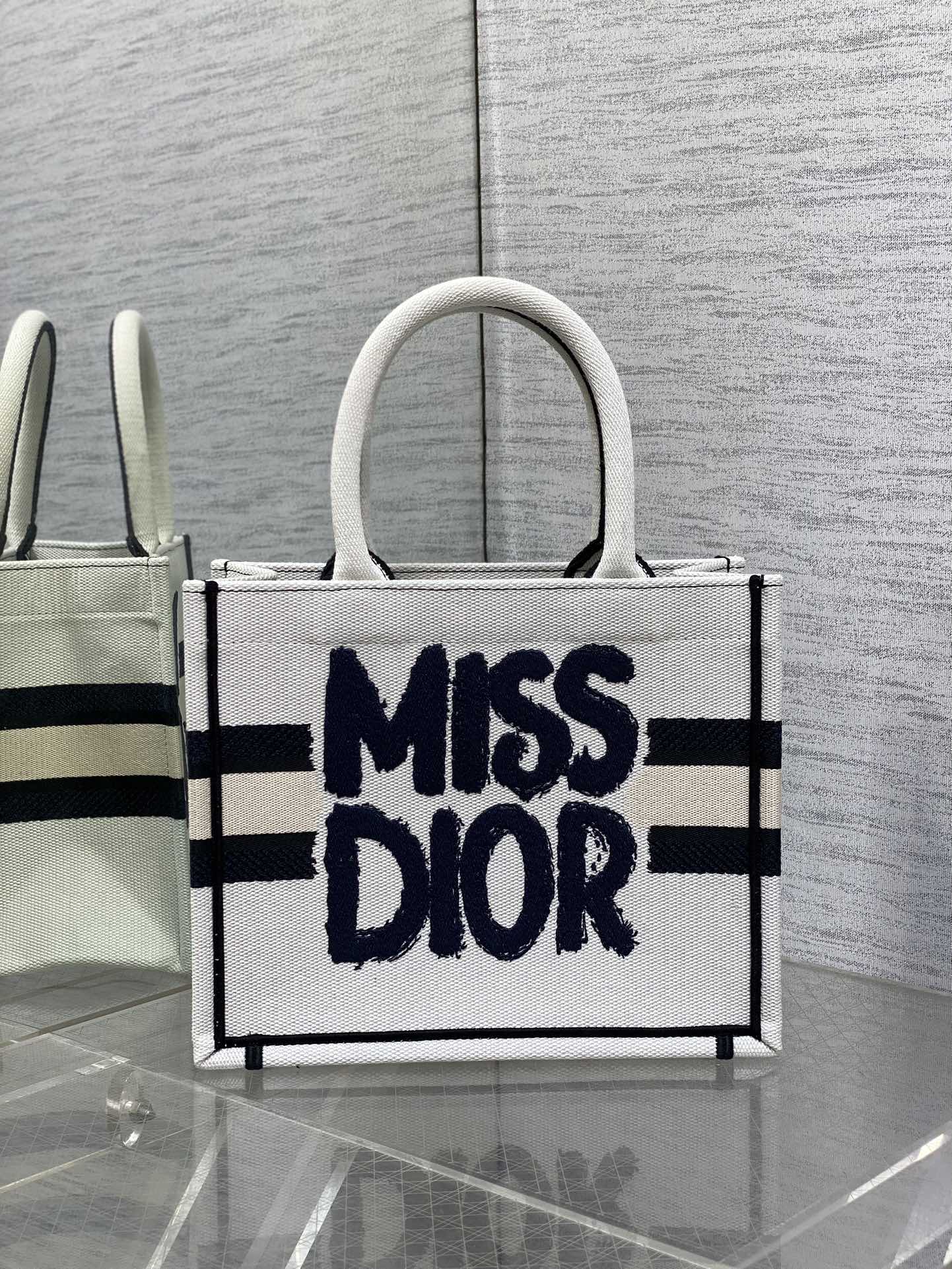 Small Dior Book Tote Bag White and Blue Miss Dior Graffiti Embroidery